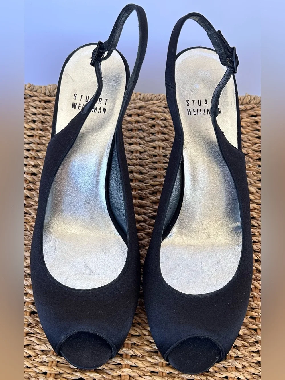 Stuart Weitzman Women’s Slingback Peep Toe Satin Heel Black‎ Size 7M - Picture 2 of 11